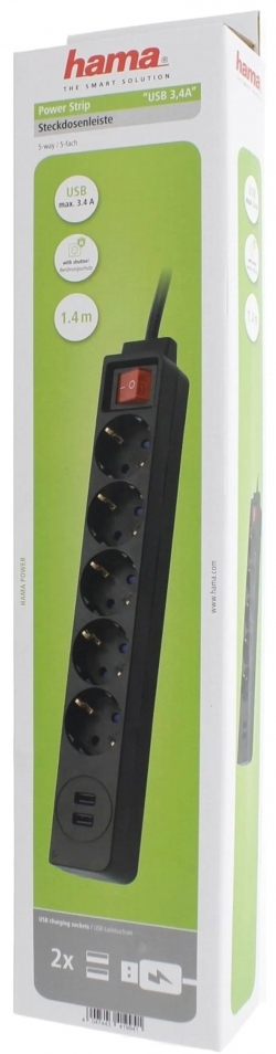 Мережевий подовжувач Hama Jack 5XSocket 2 USB 3.4A*1.5мм ws 1.5м Black 00137351