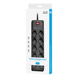 Подовжувач мережевий 2E 3м, 10xТипF, 16A, 3xUSB-A, 1xUSB-C, фільтр, чорний 2E-SP10M3USBBK