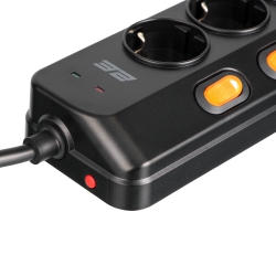 Подовжувач мережевий 2E 3м, 6xТипF, 16A, 2xUSB-A, 1x USB-C фільтр, чорний 2E-SP6M3SWBK