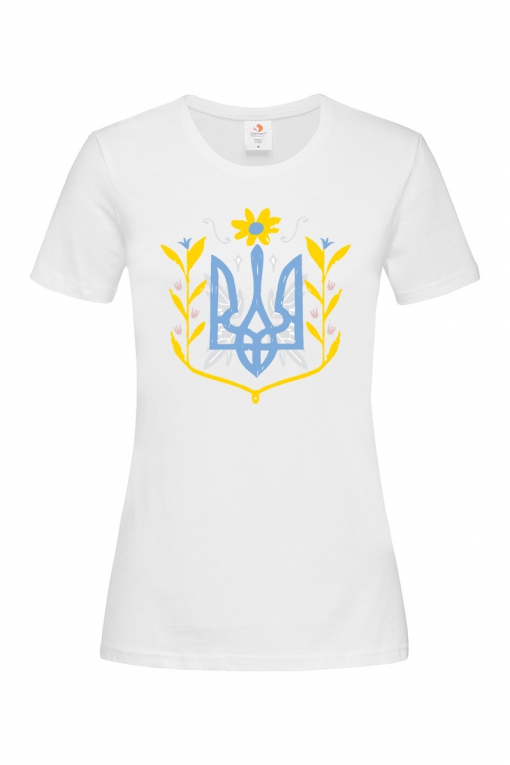 Футболка з патріотичним принтом "Герб України 3" жіноча біла 31_WTwhite