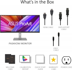 Монітор Asus 34.1" ProArt PA34VCNV 2xHDMI, 2xDP, USB-C, 2xUSB, RJ45, MM, IPS, 3440x1440, 21:9, sRGB 100%, CURVED, AdaptiveSync, HAS, HDR10 90LM04A0-B02370