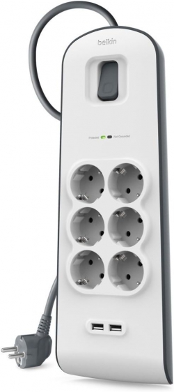 Удлинитель-фильтр сетевой Belkin 6хТип F, 3x1.5мм кв, 16А, 2xUSB-A 2.4A, защитой от перенапряжения, 2м, белый BSV604VF2M-V2