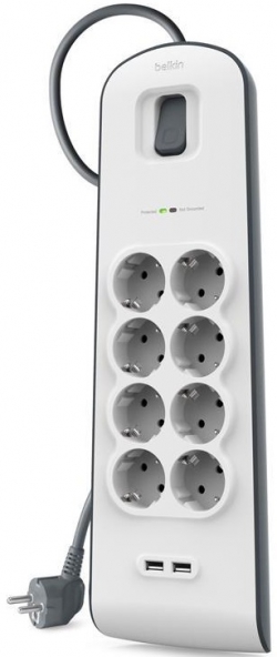 Удлинитель-фильтр сетевой Belkin 8хТип F, 3x1.5мм кв, 16А, 2xUSB-A 2.4A, защитой от перенапряжения, 2м, белый BSV804VF2M-V2