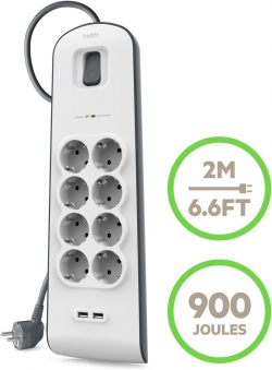 Удлинитель-фильтр сетевой Belkin 8хТип F, 3x1.5мм кв, 16А, 2xUSB-A 2.4A, защитой от перенапряжения, 2м, белый BSV804VF2M-V2