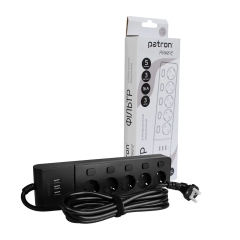 Фільтр мережевий 5 розеток + 3 х USB, 3 м, 16 А, 250 В, чорний Patron Power (SP1653-USB) EXT-PN-SP-1653-USB