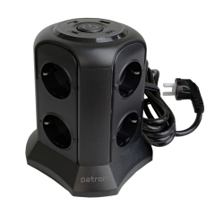Фільтр мережевий 8 розеток + 2 х USB, 2 x USB-C, вежа, 3 м, 16 А, 250 В, чорний Patron Power (SP-1683-USBT) EXT-PN-SP-1683-USBT