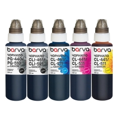 Комплект чорнил для Canon PGI-520PGBK + CLI-521BK/C/M/Y спеціальні 5x100 мл, пігментне/водорозчинні, PGBK/BK/C/M/Y Barva (CPGI520-100-2MP) I-BARE-GI520-100-2MP