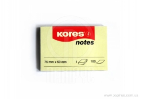 Блок для нотаток з клейким шаром 50х75 мм Kores, 100 арк., жовтий K46057