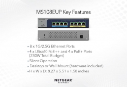 Комутатор NETGEAR MS108UP, 4x2,5GE PoE+, 4x2,5GE PoE++(60Вт/порт), 230Вт, керований MS108EUP-100EUS