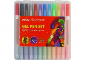 Набір гелевих ручок в пластиковому боксі,  24 неонових, класичних кольорів та з блискітками MAXI MX11987