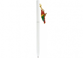 Ручка металлическая белая с брелоком "Красный Какаду", пишет синим MAXI MX16322