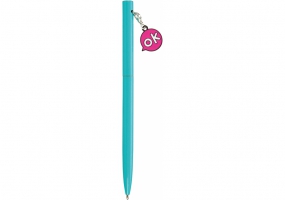 Ручка металлическая голубая с брелоком "OK", пишет синим MAXI MX16341