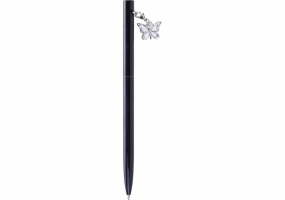 Ручка металлическая черная с сияющим брелоком "Бабочка", покрытым кристаллами, пишет синим MAXI MX16376
