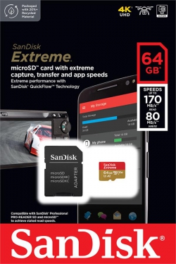 Карта памяти SanDisk microSD   64GB C10 UHS-I U3 R170/W80MB/s Extreme V30 + SD SDSQXAH-064G-GN6MA