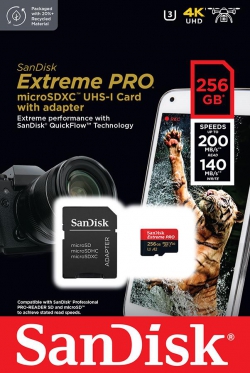Карта памяти SanDisk microSD  256GB C10 UHS-I U3 R200/W140MB/s Extreme Pro V30 + SD SDSQXCD-256G-GN6MA