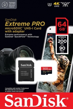 Карта памяти SanDisk microSD   64GB C10 UHS-I U3 R200/W90MB/s Extreme Pro V30 + SD SDSQXCU-064G-GN6MA