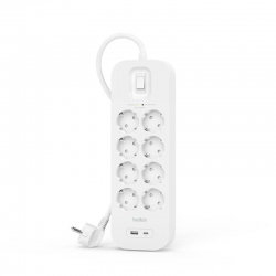 Удлинитель-фильтр сетевой Belkin 8хТип F, 3x1.5мм кв, 16А, USB-A/USB-C 18Вт, защитой от перенапряжения, 2м, белый SRB003VF2M-V2