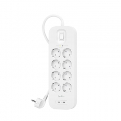 Удлинитель-фильтр сетевой Belkin 8хТип F, 3x1.5мм кв, 16А, USB-C/USB-C 30Вт, защитой от перенапряжения, 2м, белый SRB004VF2M