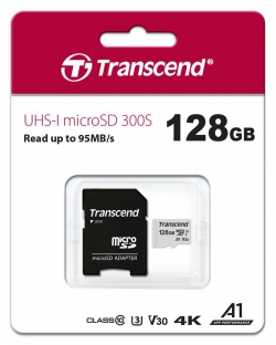 Карта пам'яті Transcend microSD 128GB C10 UHS-I R100/W40MB/s + SD TS128GUSD300S-A