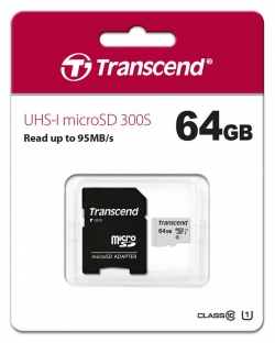 Карта пам'яті Transcend microSD  64GB C10 UHS-I R100/W20MB/s + SD TS64GUSD300S-A