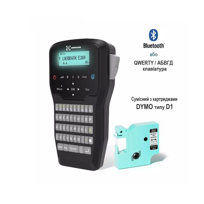 Принтер етикеток UKRMARK E2800, Bluetooth, QR та штрих-коди, сумісний з картриджами DYMO D1, 6–12 mm (900449)
