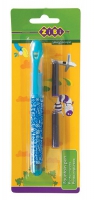 Ручка перьевая (открытое перо) + 2 капсулы, голубой корпус, дизайн с рисунками, картонный блистер ZiBi ZB.2242