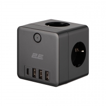 Адаптер мережевий 2E 3xТипF, 16A, 2xUSB-A, 1x USB-C фільтр, чорний 2E-AD431BK