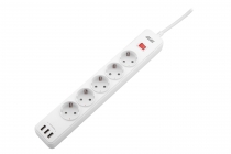 Подовжувач-фільтр мережевий 2E 5xТип F, 3x1.5мм кв, 16A, 3xUSB-A, з захистом від перенапруги, 2м, білий 2E-SP515M2USBWH