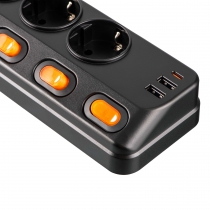 Подовжувач мережевий 2E 3м, 6xТипF, 16A, 2xUSB-A, 1x USB-C фільтр, чорний 2E-SP6M3SWBK