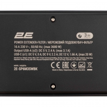 Подовжувач мережевий 2E 3м, 6xТипF, 16A, 2xUSB-A, 1x USB-C фільтр, чорний 2E-SP6M3SWBK