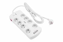 Подовжувач-фільтр мережевий 2E 8xТип F, 3x1.5мм кв, 16A, 4xUSB-A, з захистом від перенапруги, 3м, білий 2E-SP815M3USBWH
