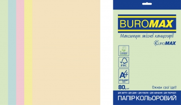 Набор цветной бумаги PASTEL, EUROMAX, 5 цв., 20 арк., А4, 80 г/м2 Buromax BM.2721220E-99