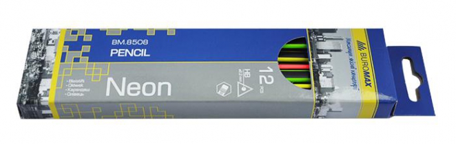 Карандаш графитовый NEON НВ, черно-неоновый, с ластиком, карт. коробка Buromax BM.8508