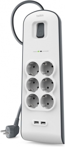 Удлинитель-фильтр сетевой Belkin 6хТип F, 3x1.5мм кв, 16А, 2xUSB-A 2.4A, защитой от перенапряжения, 2м, белый BSV604VF2M-V2