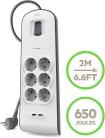 Удлинитель-фильтр сетевой Belkin 6хТип F, 3x1.5мм кв, 16А, 2xUSB-A 2.4A, защитой от перенапряжения, 2м, белый BSV604VF2M-V2