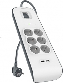 Удлинитель-фильтр сетевой Belkin 6хТип F, 3x1.5мм кв, 16А, 2xUSB-A 2.4A, защитой от перенапряжения, 2м, белый BSV604VF2M-V2