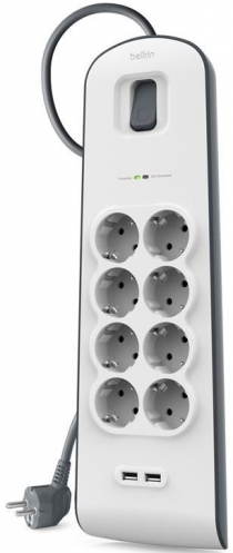 Удлинитель-фильтр сетевой Belkin 8хТип F, 3x1.5мм кв, 16А, 2xUSB-A 2.4A, защитой от перенапряжения, 2м, белый BSV804VF2M-V2