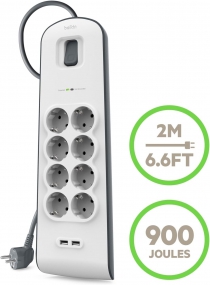 Удлинитель-фильтр сетевой Belkin 8хТип F, 3x1.5мм кв, 16А, 2xUSB-A 2.4A, защитой от перенапряжения, 2м, белый BSV804VF2M-V2