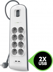 Удлинитель-фильтр сетевой Belkin 8хТип F, 3x1.5мм кв, 16А, 2xUSB-A 2.4A, защитой от перенапряжения, 2м, белый BSV804VF2M-V2