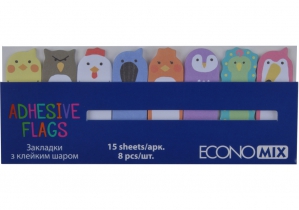 Закладки з клейким шаром 15х48 мм Economix Fun Birds, 120 шт., паперові, 8 кольорів асорті E20964