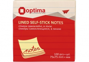 Блок для заметок с клейким слоем 75х75 мм Optima, 100 л., линованный, желтый O25521